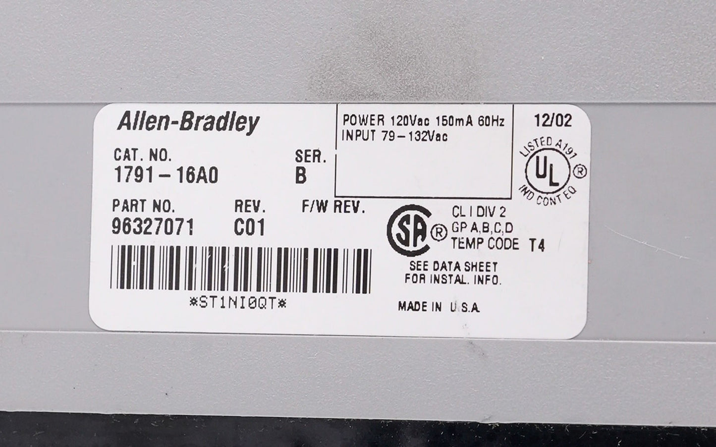 Allen Bradley 1791-16A0 /B Rev. C01 Block Input Module 179116A0 96327071