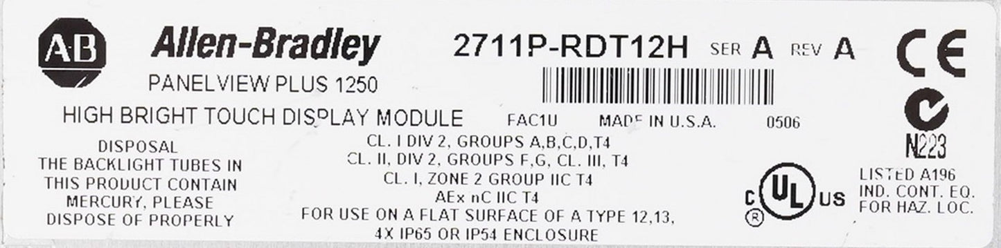Allen Bradley 2711P-RDT12H /A PanelView Plus 1250 High Bright Touch Display