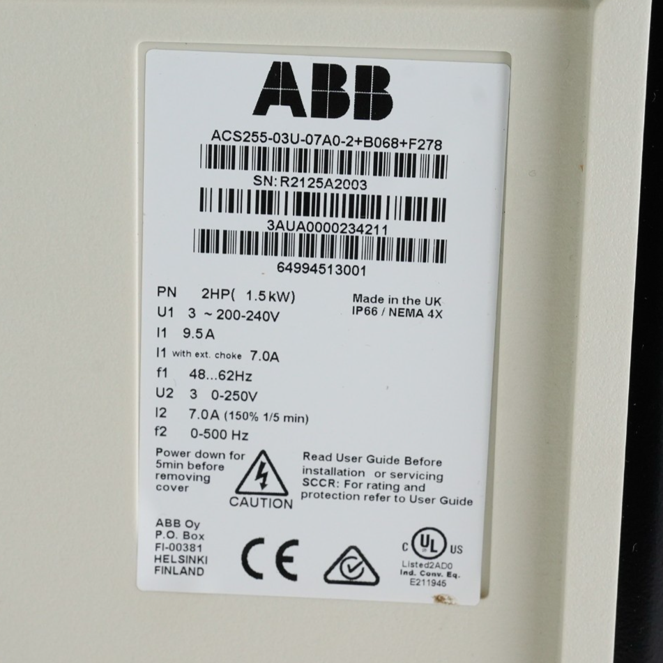 ABB ACS255-03U-07A0-2+B068+F278 Variable Frequency Drive Micro Series 2hp