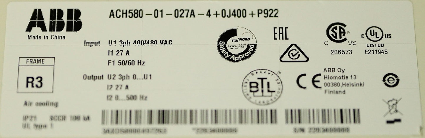ABB ACH580-01-027A-4 AC Drive 480V 27A 3-Phase 50/60Hz ACH58001027A4