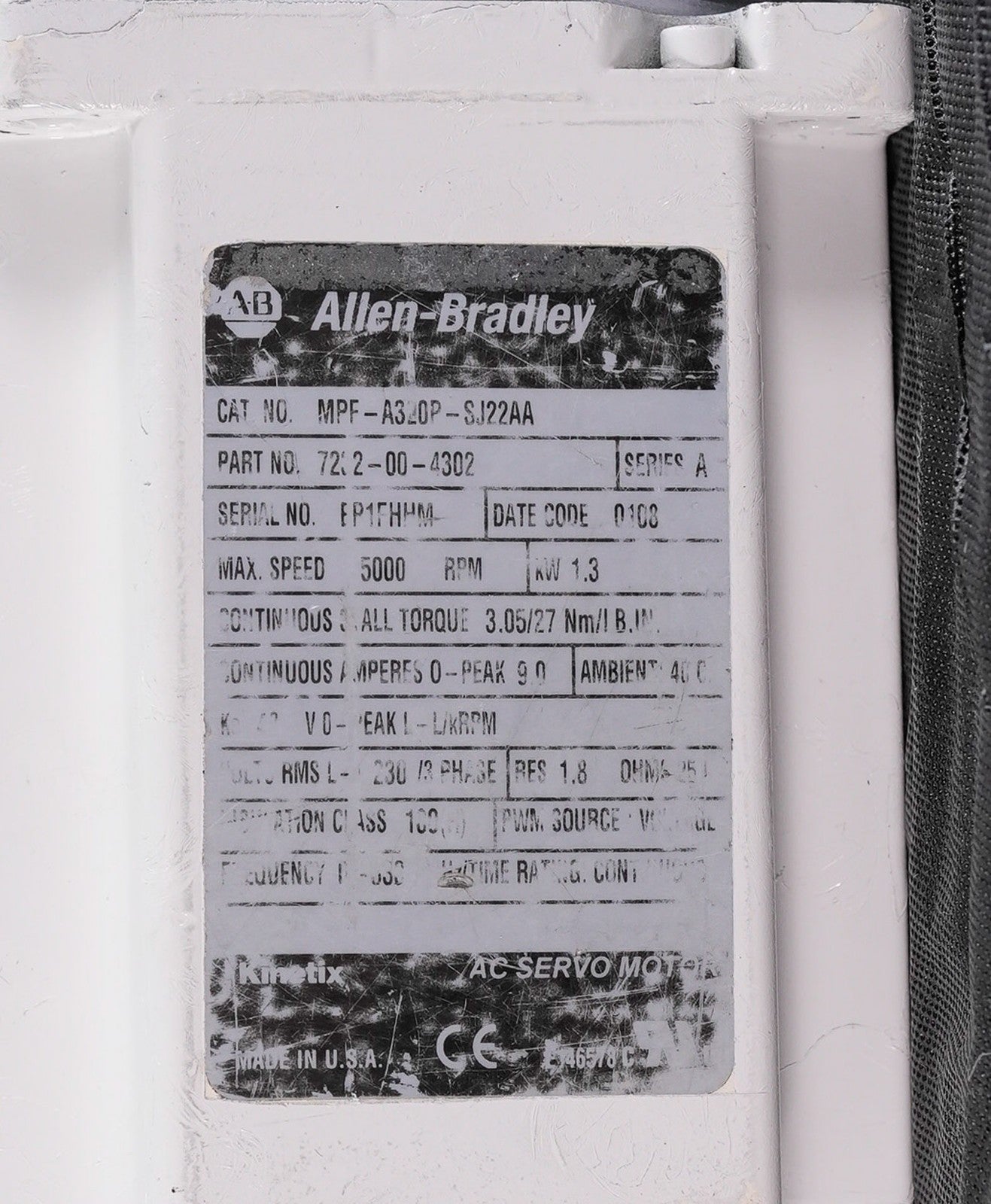 Allen Bradley MPF-A320P-SJ22AA /A Servo Motor 5000RPM 1.3kW MPFA320PSJ22AA