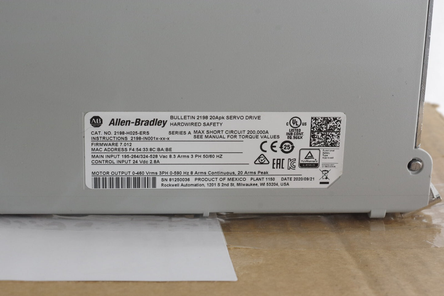 Allen Bradley 2198-H025-ERS /A Kinetix5500 20 Amp Servo Drive - Open Box