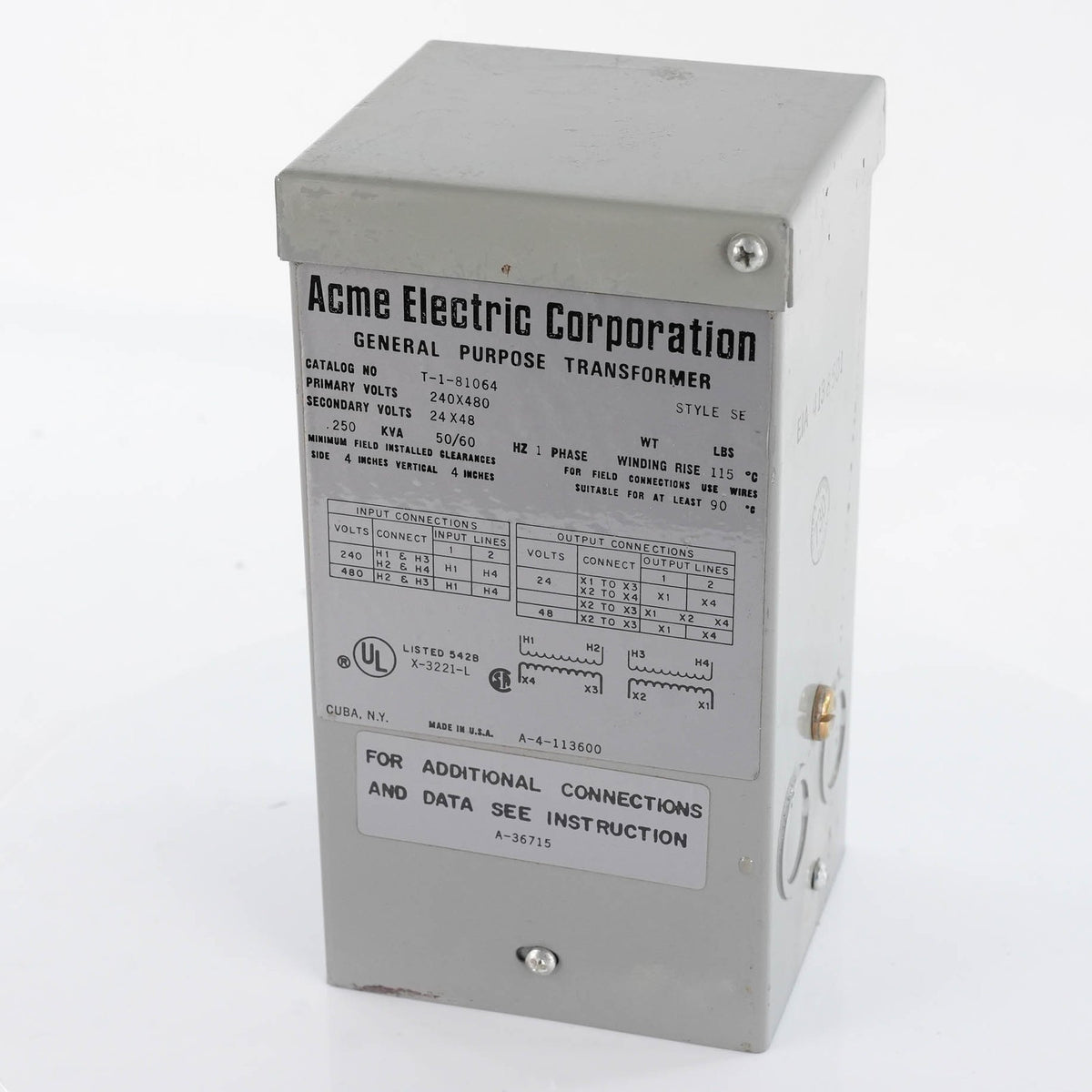Acme Electric Corp T-1-81064 Buck Boost Transformer 1.5kVA 120x240V 12/24V T1810