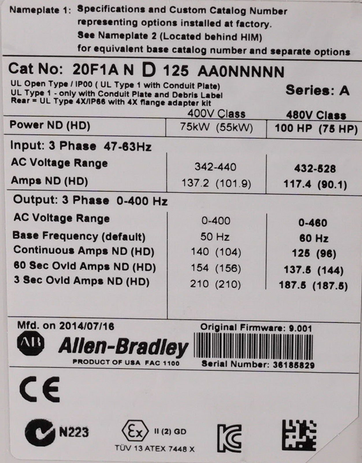 Allen Bradley 20F1AND125AA0NNNNN /A PowerFlex 753 AC Drive 480V 100HP 3-Phase