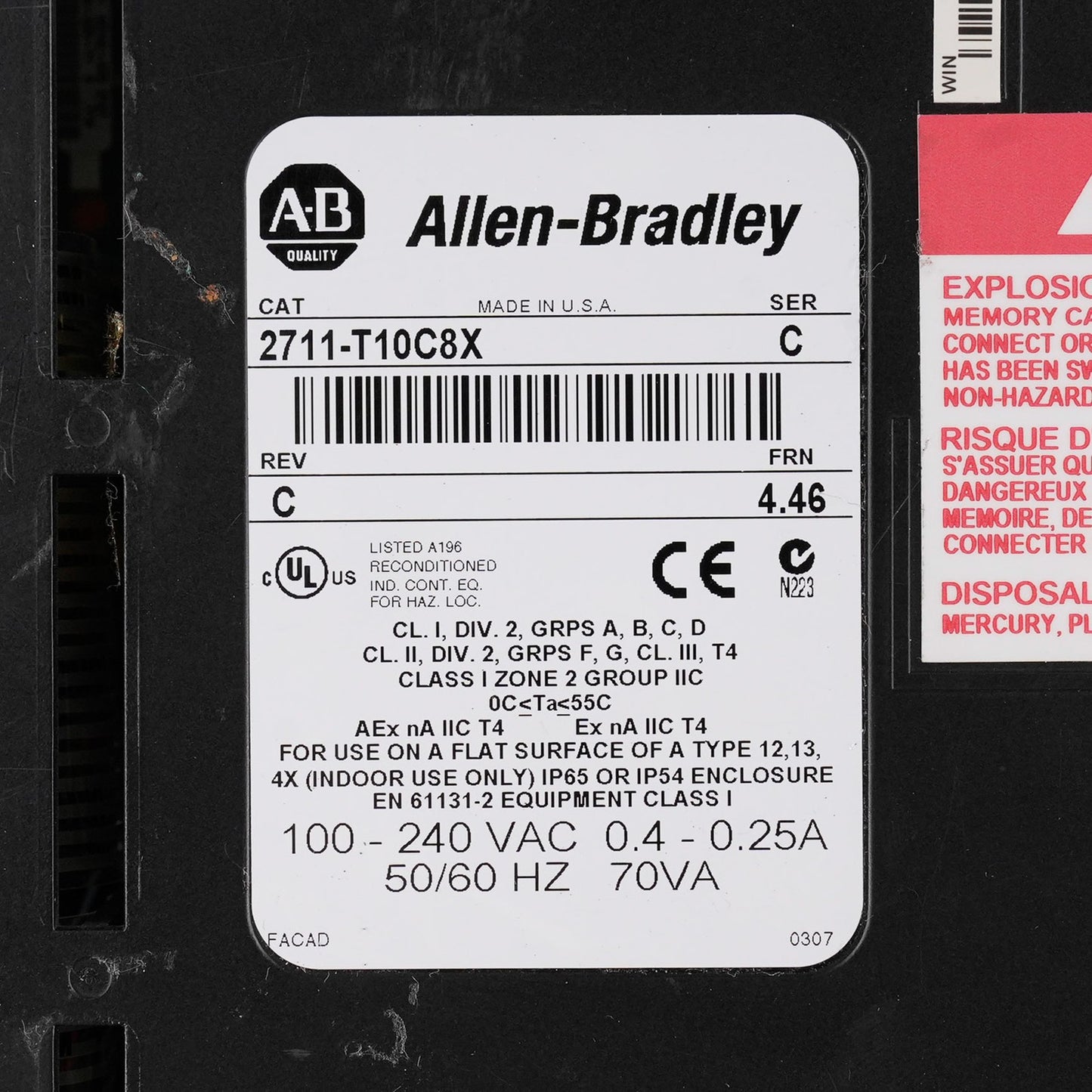 Allen Bradley 2711-T10C8 /C Rev C FRN 4.46 PanelView 1000 Display 2711-T10C8X