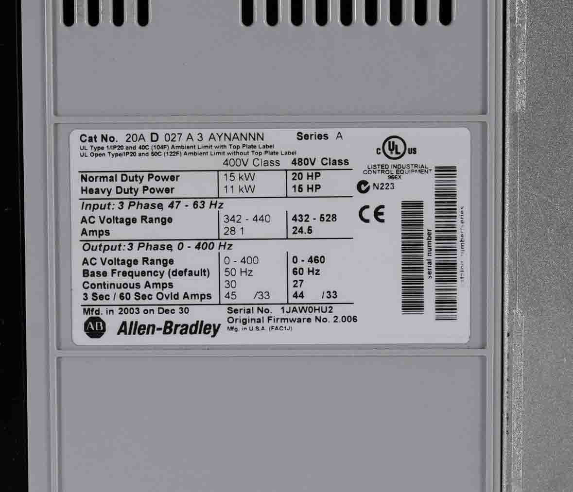 Allen Bradley 20AD027A3AYNANNN /A PowerFlex 70 AC Drive 480V 3ph 20HP + Warranty