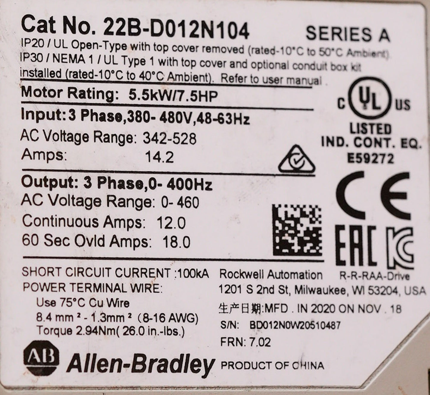 Allen Bradley 22B-D012N104 /A PowerFlex 40 AC Drive 480V 3PH 22BD012N104