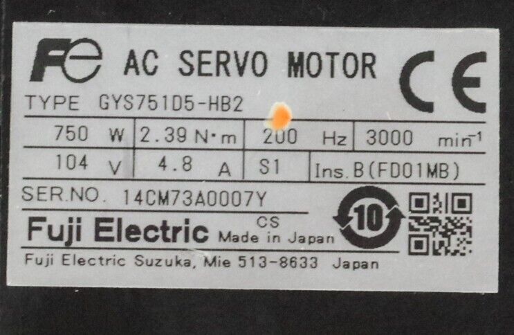 Fuji Electric GYS751D5-HB2 AC Servo Motor 750W 104V 4.8A 200Hz
