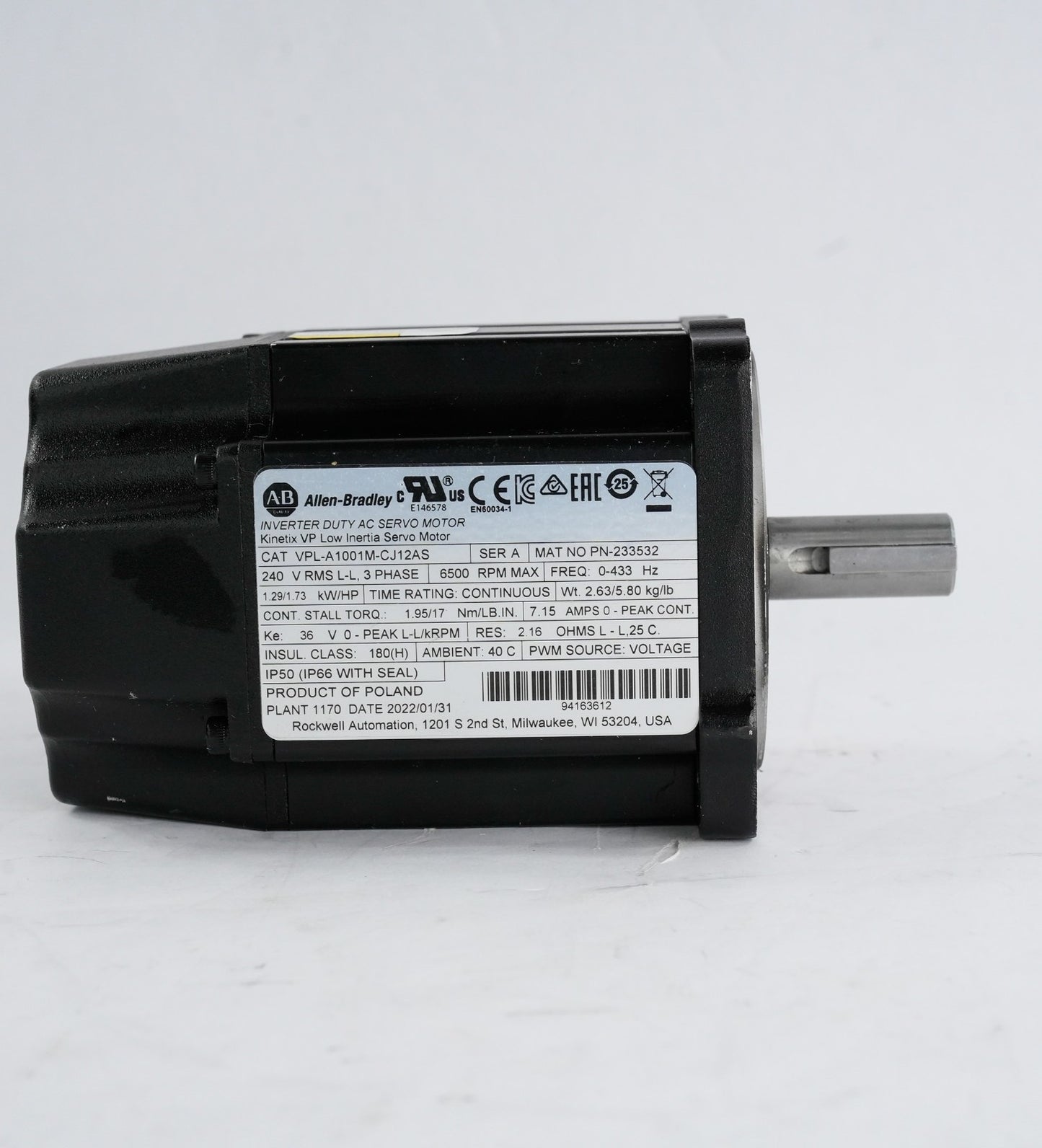 Allen Bradley VPL-A1001M-CJ12AS /A Inverter Duty AC Servo Motor Low Intertia