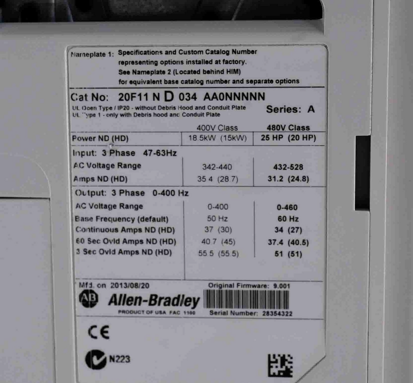 Allen Bradley 20F11ND034AA0NNNNN /A PowerFlex 753 AC Drive 480V 3-Phase 20HP
