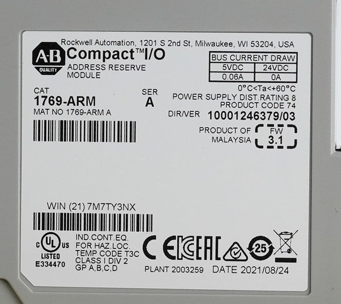 Allen Bradley 1769-ARM /A Compact I/O Address Reserve Module 1769ARM - Open Box