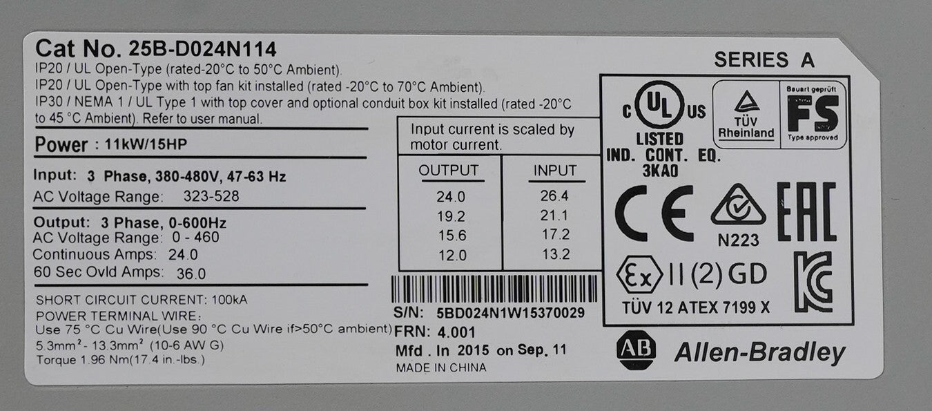 Allen Bradley 25B-D024N114 /A PowerFlex 525 480V 3-Phase 24A 15HP AC Drive