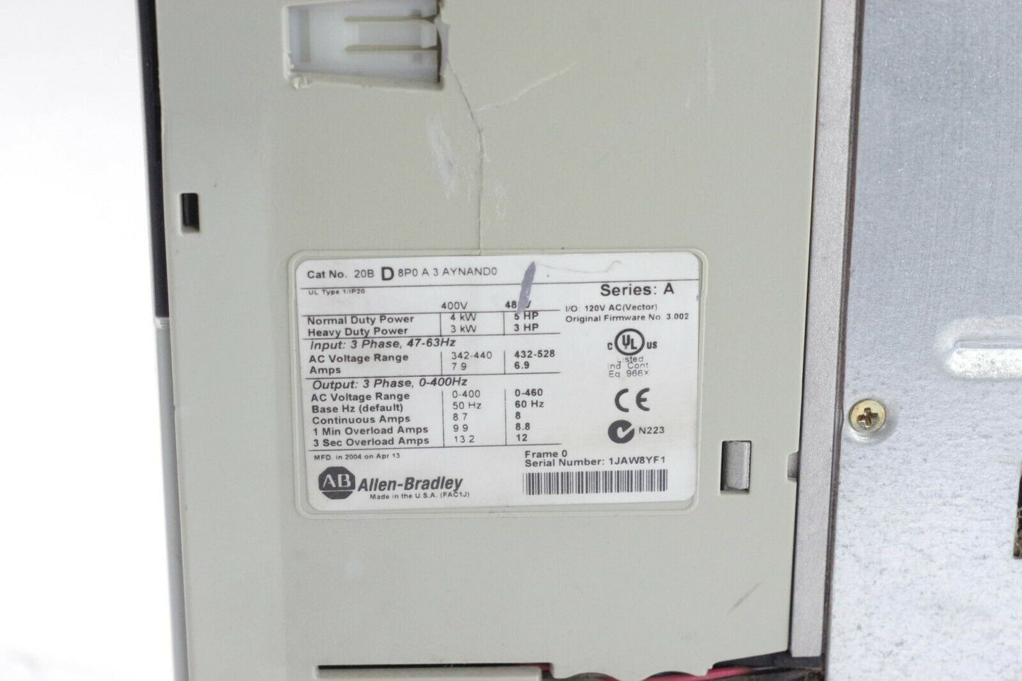 AllenBradley PowerFlex 700 20BD8P0A3AYNAND0 20B-D-8P0-A-3-AYNAND0 5HP Drive 480v