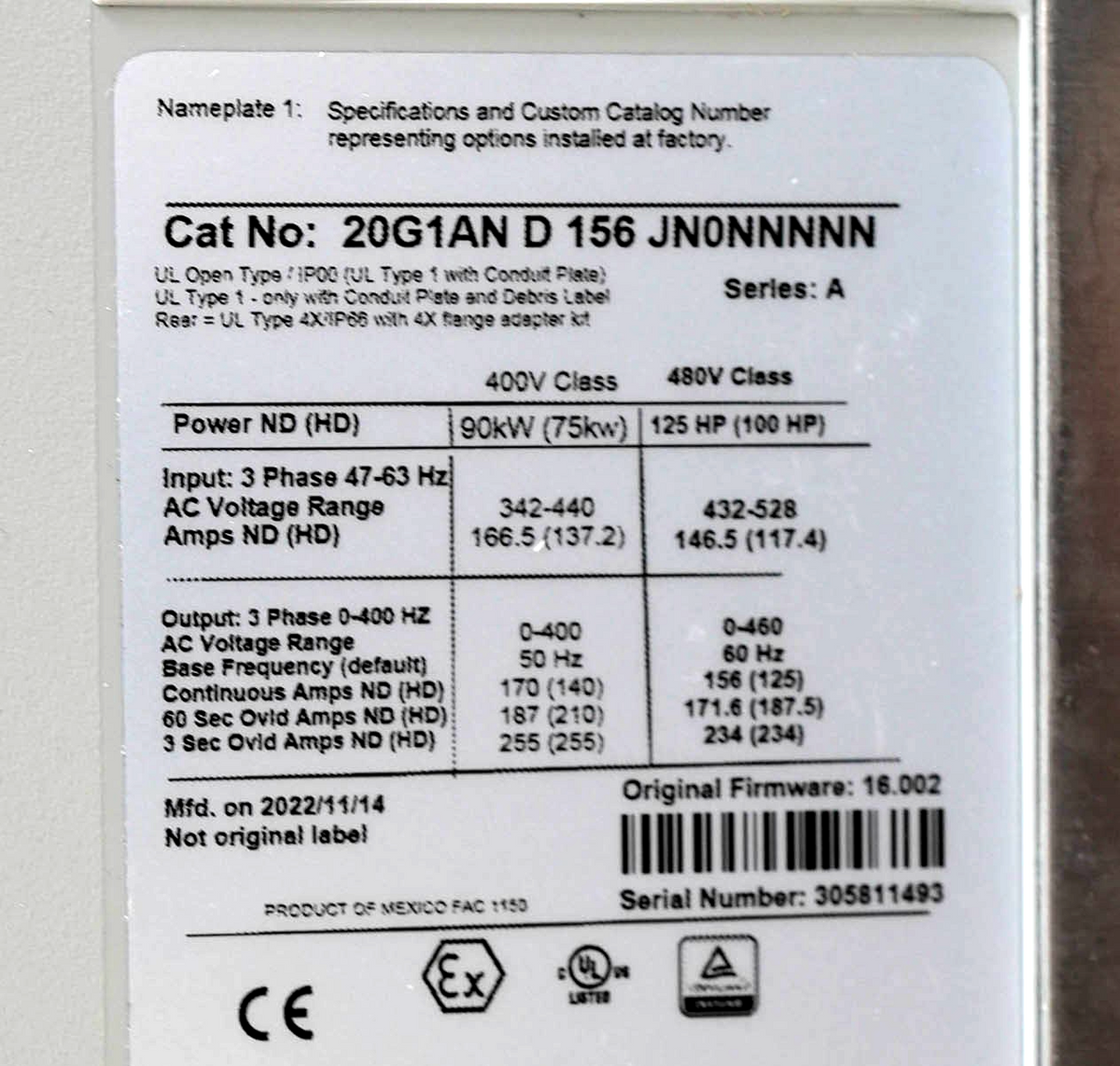 Allen Bradley 20G1AND156JN0NNNNN PowerFlex 755 AC Drive 480V 156A 125HP - Refurb