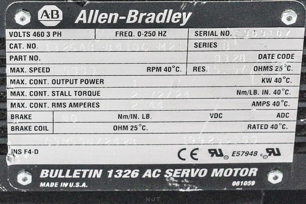 ALLEN BRADLEY 1326AB-B410G-M2L SERVO MOTOR 5000 RPM 2.44AMPS SERIES B 460V 3 PH