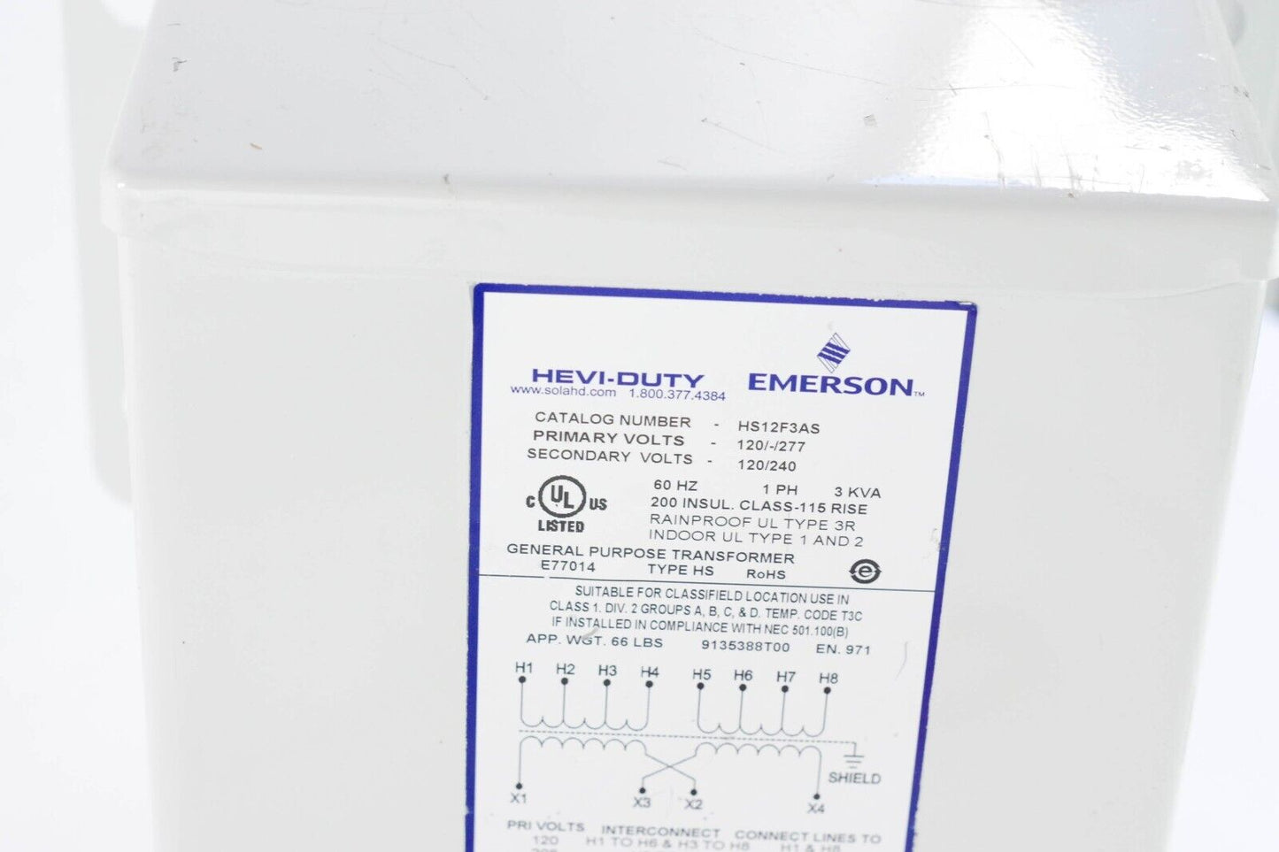 EMERSON HS12F3AS Wall Mount Transformer 120/-/277 120/240 - Lightly Used