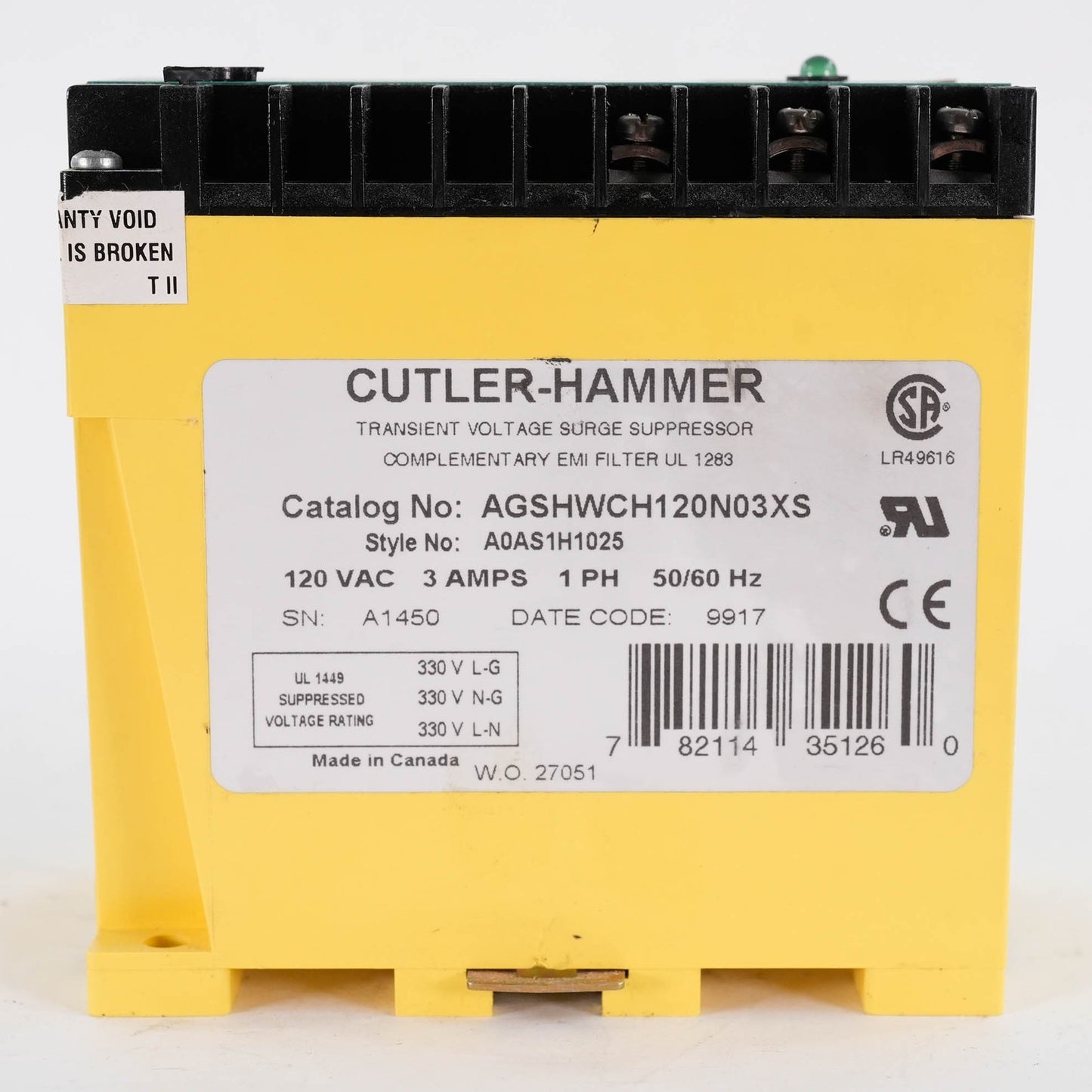 Cutler-Hammer AGSHWCH120N03XS Transient Voltage Surge Suppressor 120V 3A 50/60Hz