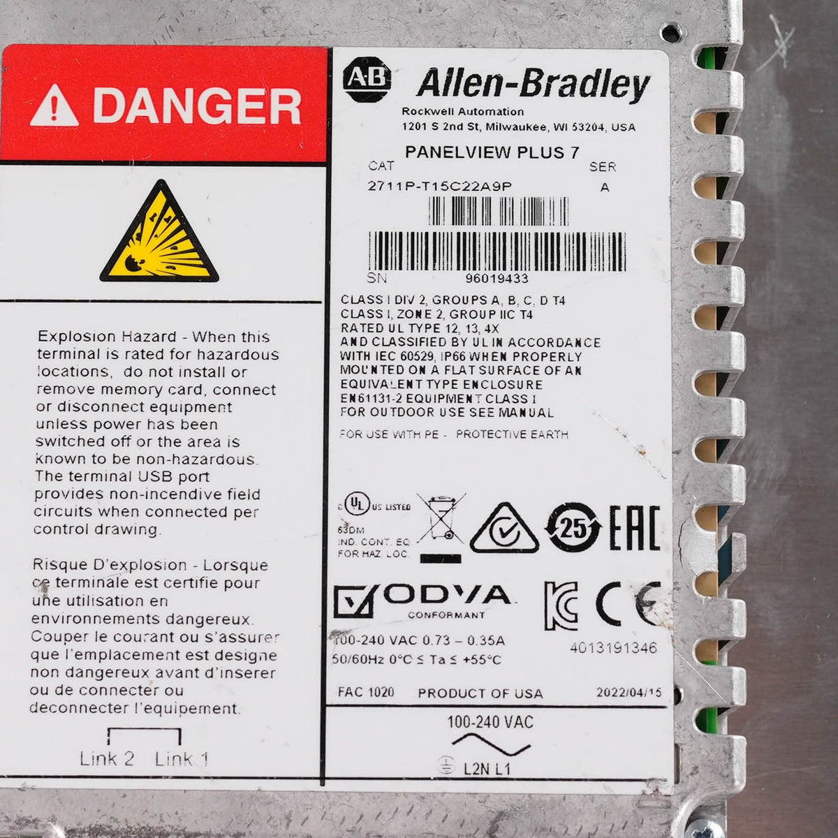 Allen Bradley 2711P-T15C22A9P /A PanelView Plus 7 15in Touch 100-240VAC