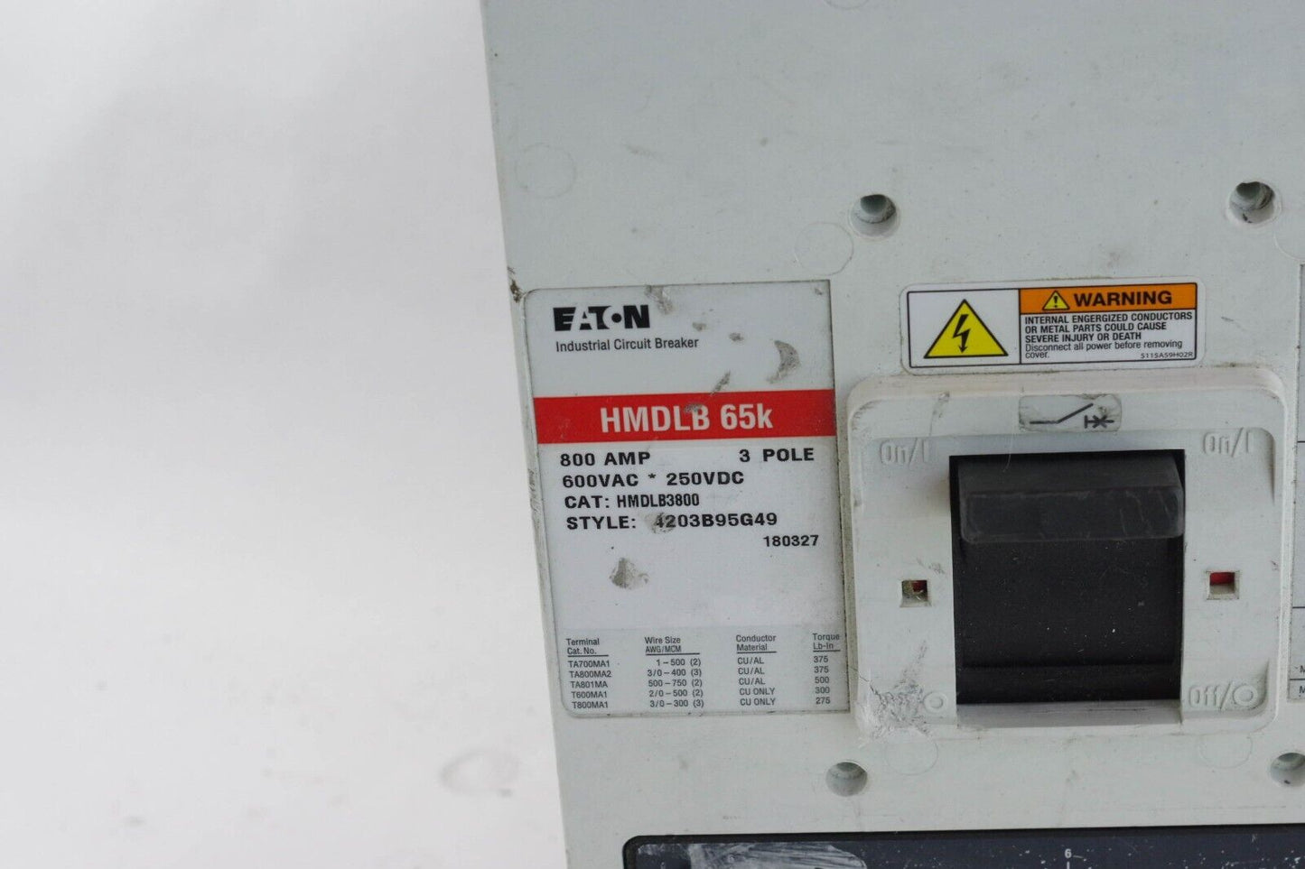 EATON HMDLB3800 3POLE 800A 600V Circuit Breaker 4203B95G49 HMDLB 65K