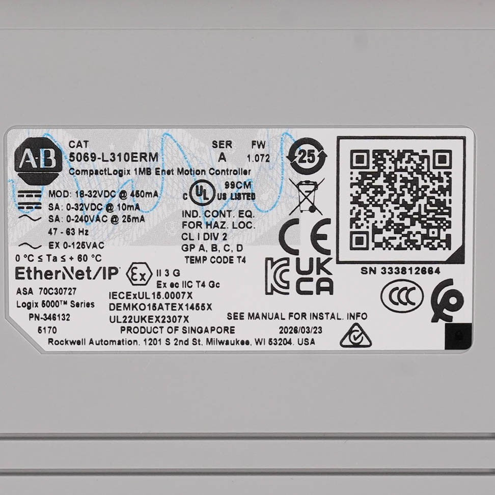 Allen Bradley 5069-L310ERM /A CompactLogix 5380 Controller 1MB 5069L310ERM