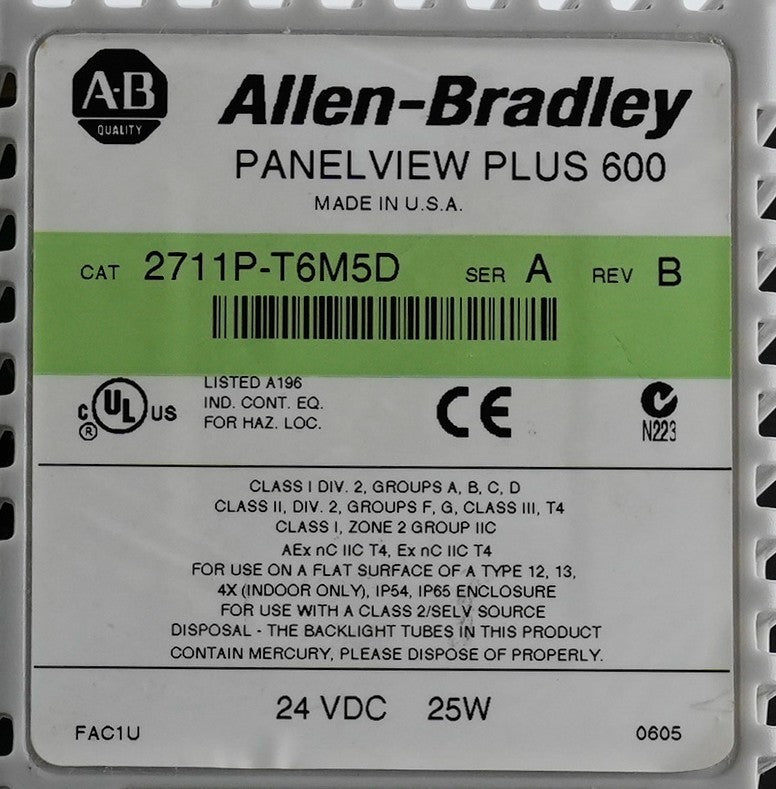 Allen Bradley 2711P-T6M5D /A Rev B PanelView Plus 600 Display Terminal