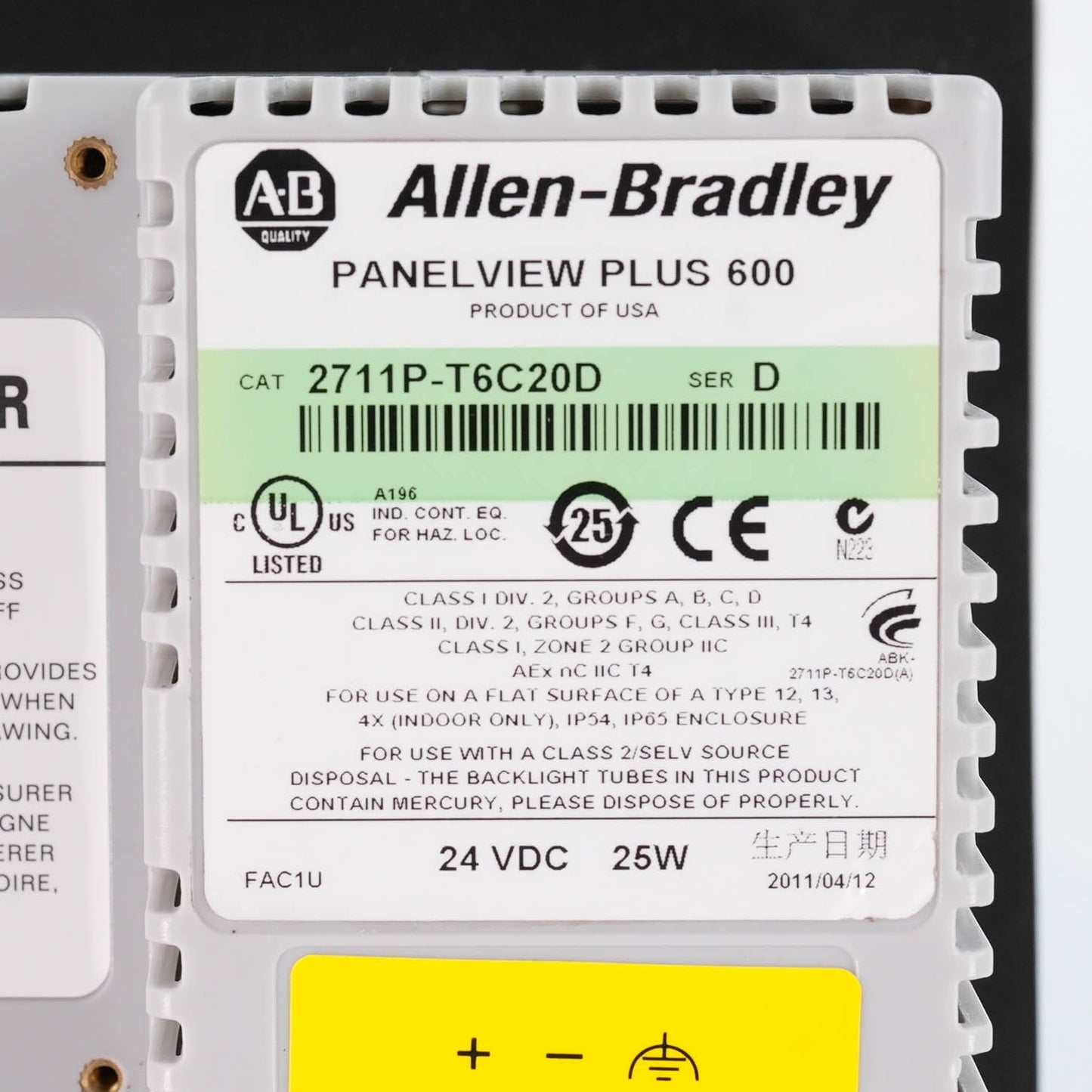 Allen Bradley 2711P-T6C20D /D PanelView Plus 600 Color Touch 24VDC 2711PT6C20D