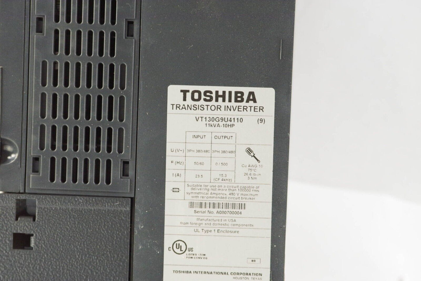 Toshiba VT130G9U4110 Transistor Inverter 10HP Lightly Used