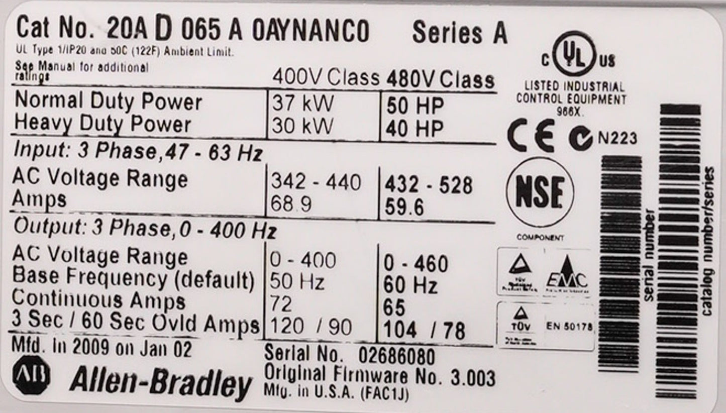 Allen Bradley 20AD065A0AYNANC0 /A PowerFlex 70 AC Drive 480V 50HP 3-Phase