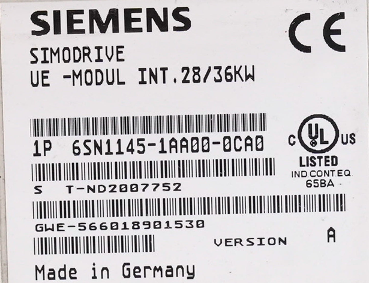 Siemens 6SN1145-1AA00-0CA0 Simodrive 611 Infeed Module 6SN11451AA000CA0