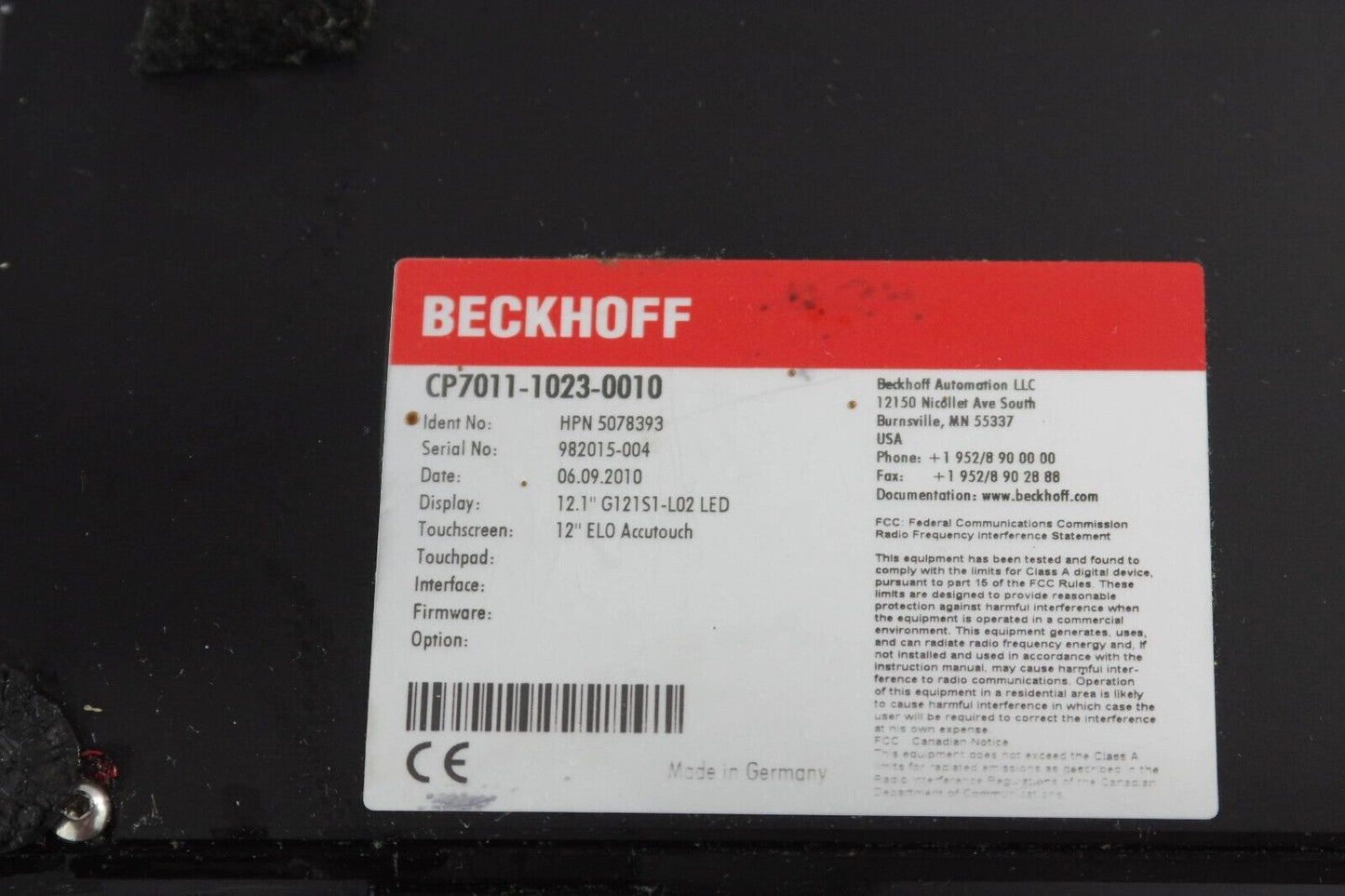 Beckhoff Polaris CP7011-1023-0010 Operator Interface Panel Display 12''