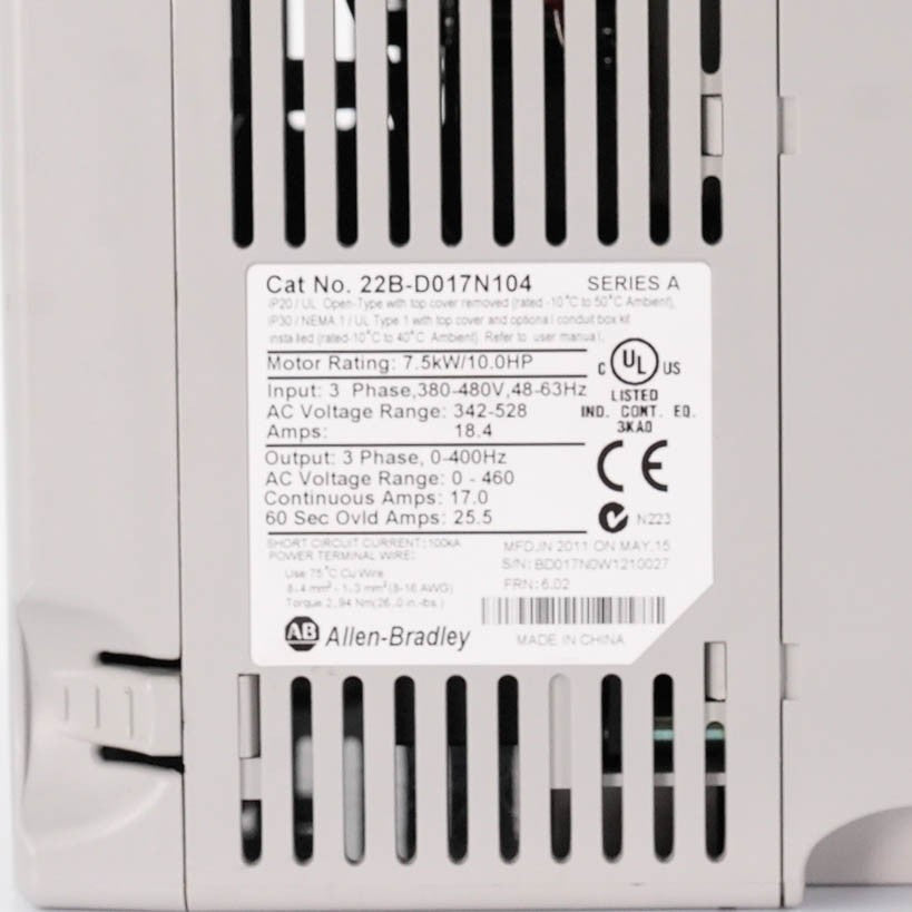 Allen Bradley 22B-D017N104 Ser A PowerFlex 40 AC Drive 480V 10HP 7.5kW 17.5A 22B
