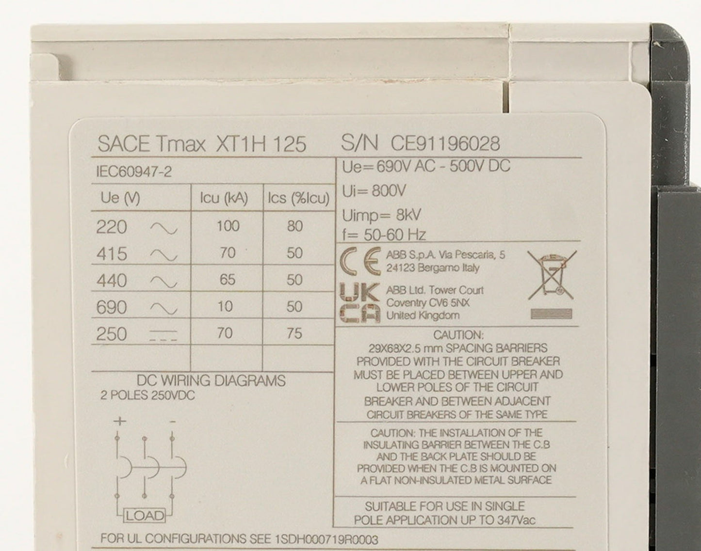 ABB SACE Tmax XT1H 125 3-Pole Circuit Breaker XT1H125