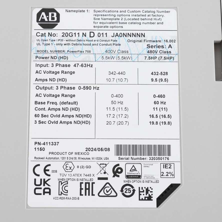Allen Bradley 20G11ND011JA0NNNNN PowerFlex 755 AC Drive 480V 7.5HP Lightly Used