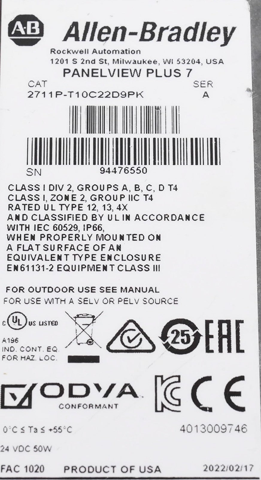 Allen Bradley 2711P-T10C22D9PK /A PanelView Plus 7 Display Conformal Coated