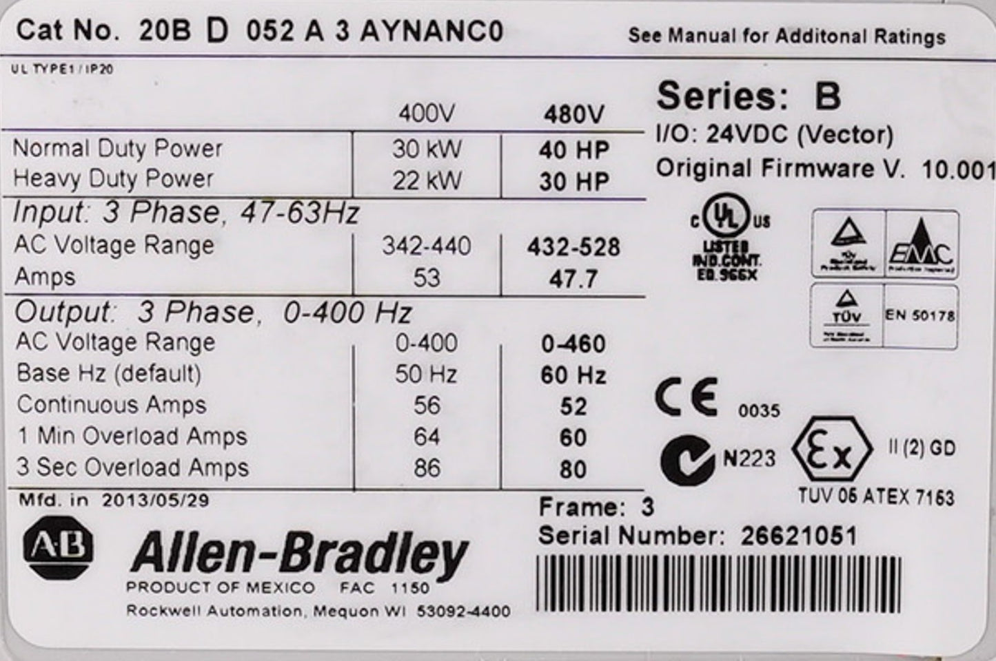 Allen Bradley 20BD052A3AYNANC0 /B PowerFlex 700 AC Drive 480V 40HP - Open Box
