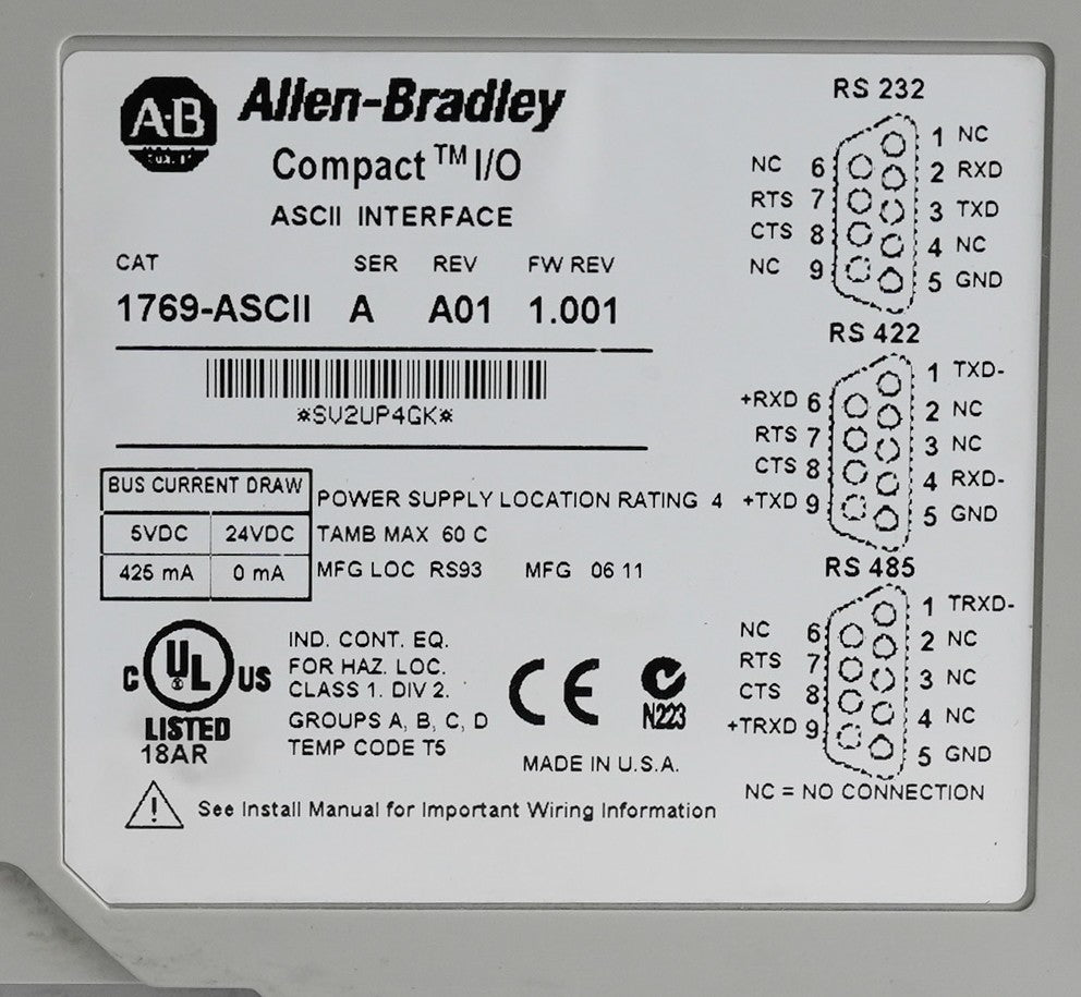 Allen Bradley 1769-ASCII /A Rev A01 FW REV 1.001 Compact I/O ASCII Interface