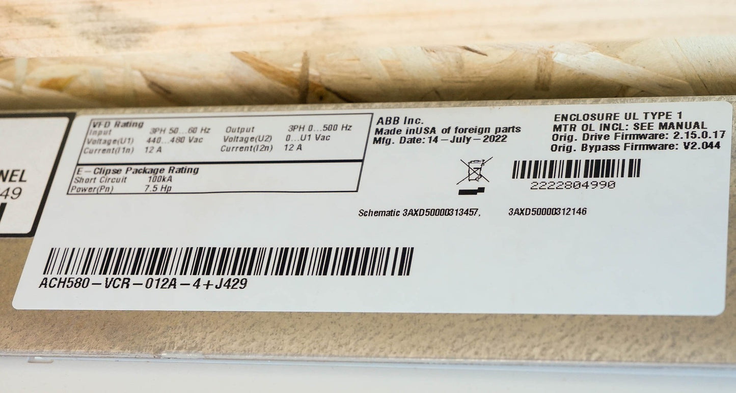 ABB ACH580-VCR-012A-4+J429 E-Clipse Bypass AC Drive 7.5HP 480V ACH580-VCR-012A-4