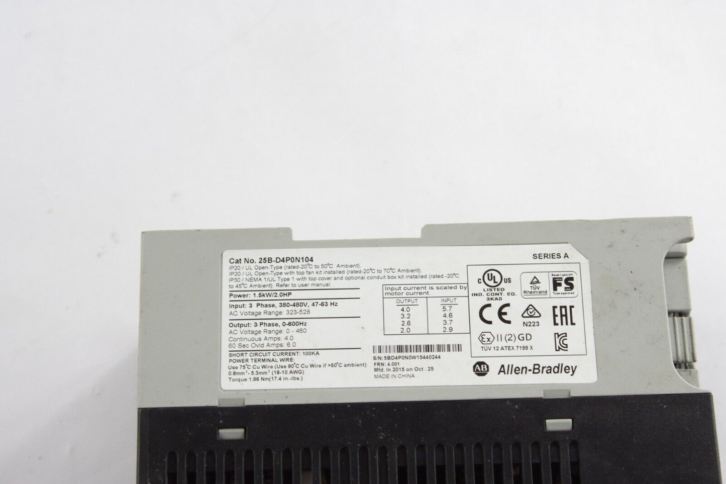 ALLEN BRADLEY 25B-D4P0N104 Ser A Powerflex 525 2hp AC Drive - USED