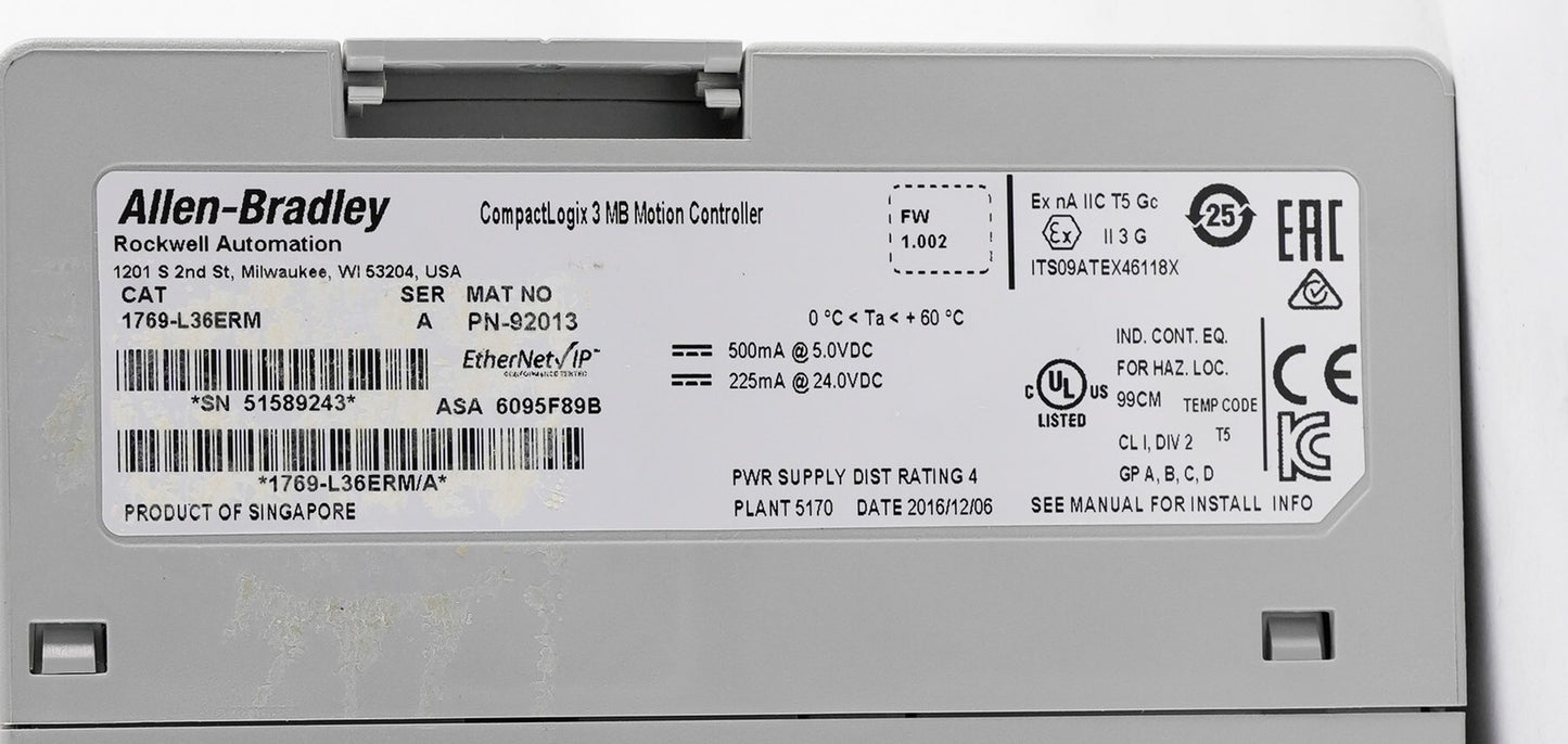 Allen Bradley 1769-L36ERM /A CompactLogix 3MB Motion Controller 1769L36ERM + ECR