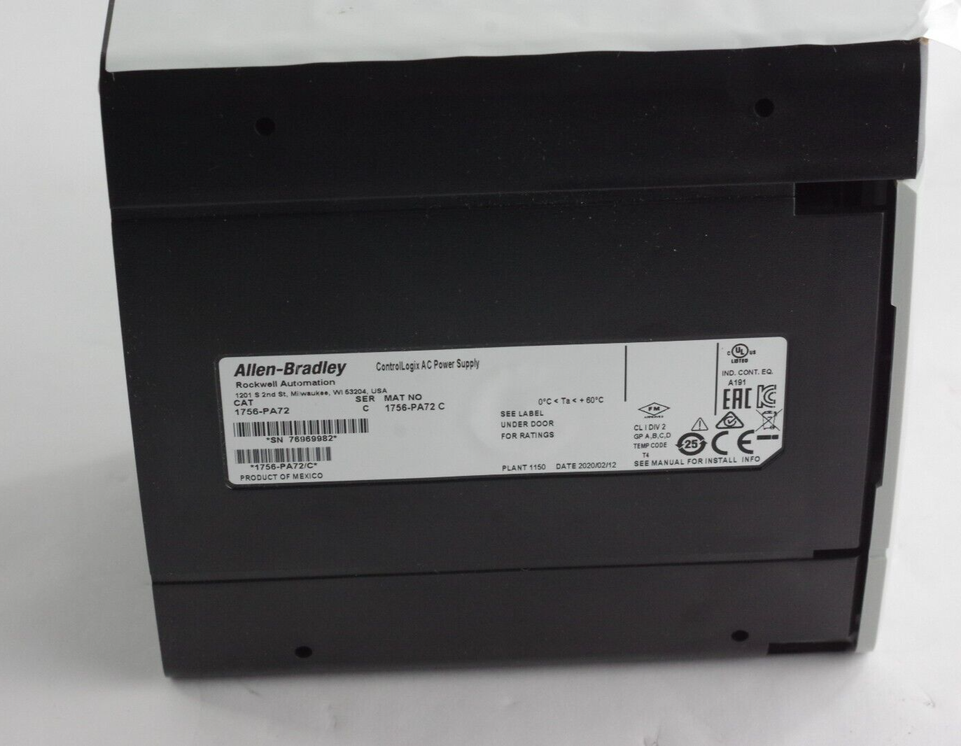 Allen Bradley 1756-PA72 /C PLC ControlLogix AC Power Supply Module - No Box