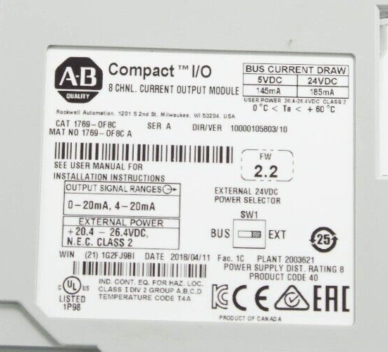 Allen Bradley 1769-OF8C /A CompactLogix Analog Output 8-Ch Module - Lightly Used