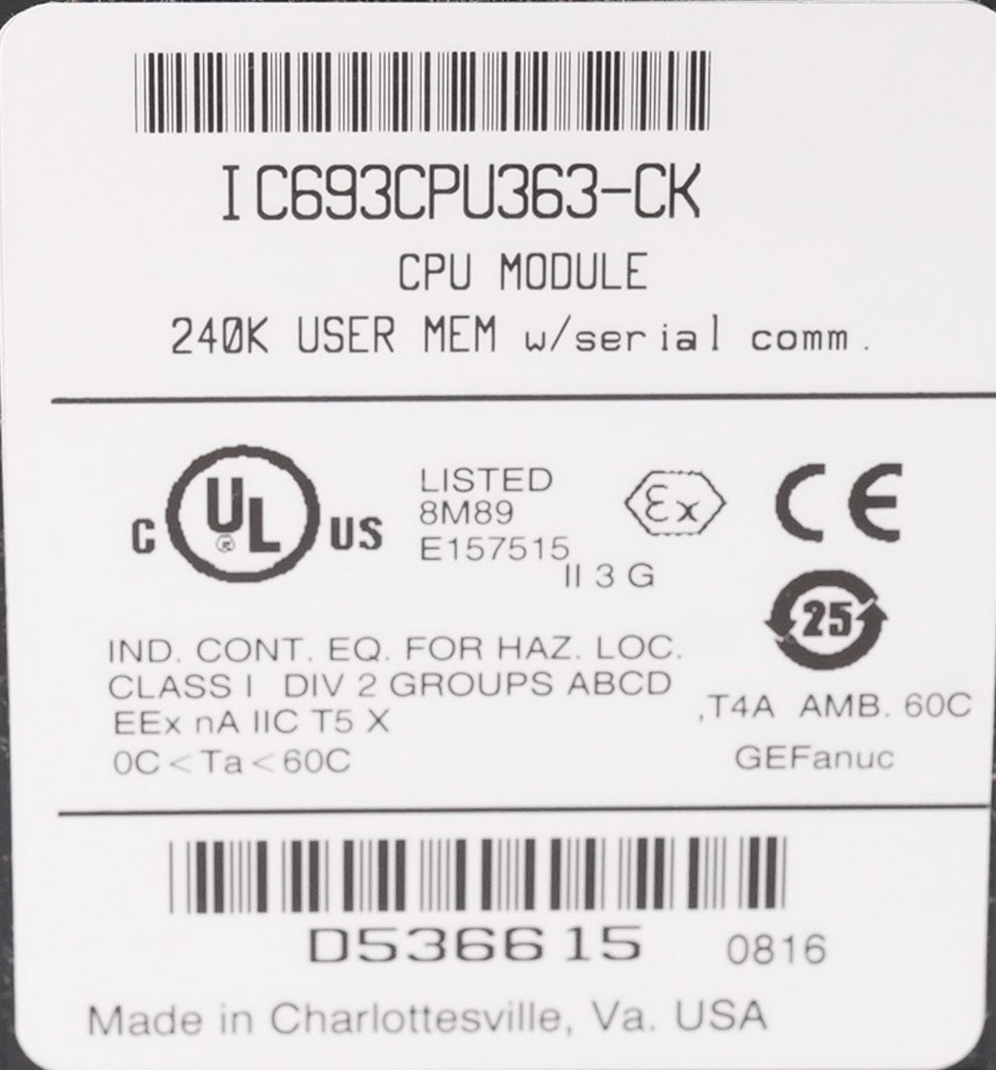 GE FANUC IC693CPU363-CK CPU Module 240K User Mem w/ Serial Comm. IC693CPU363CK