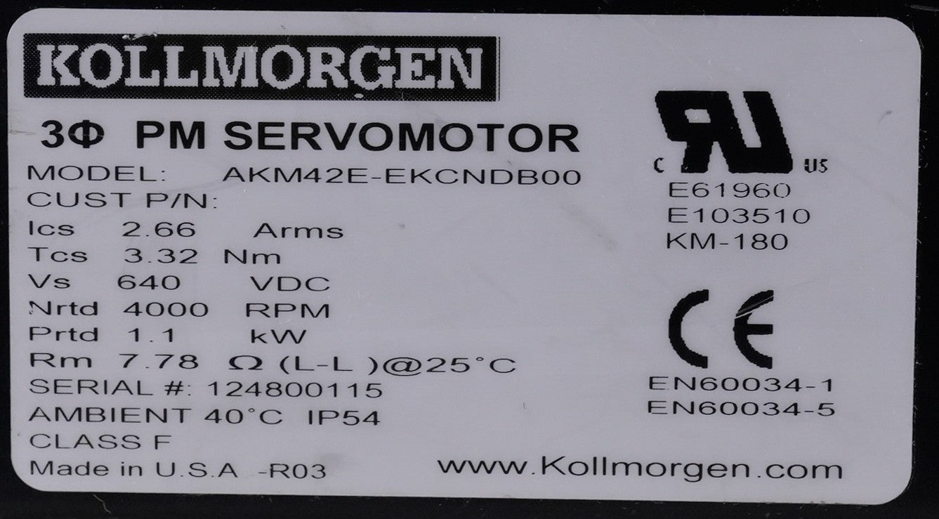 Kollmorgen AKM42E-EKCNDB00 Servo Motor 4000RPM 640VDC 1.1kW AKM42EEKCNDB00