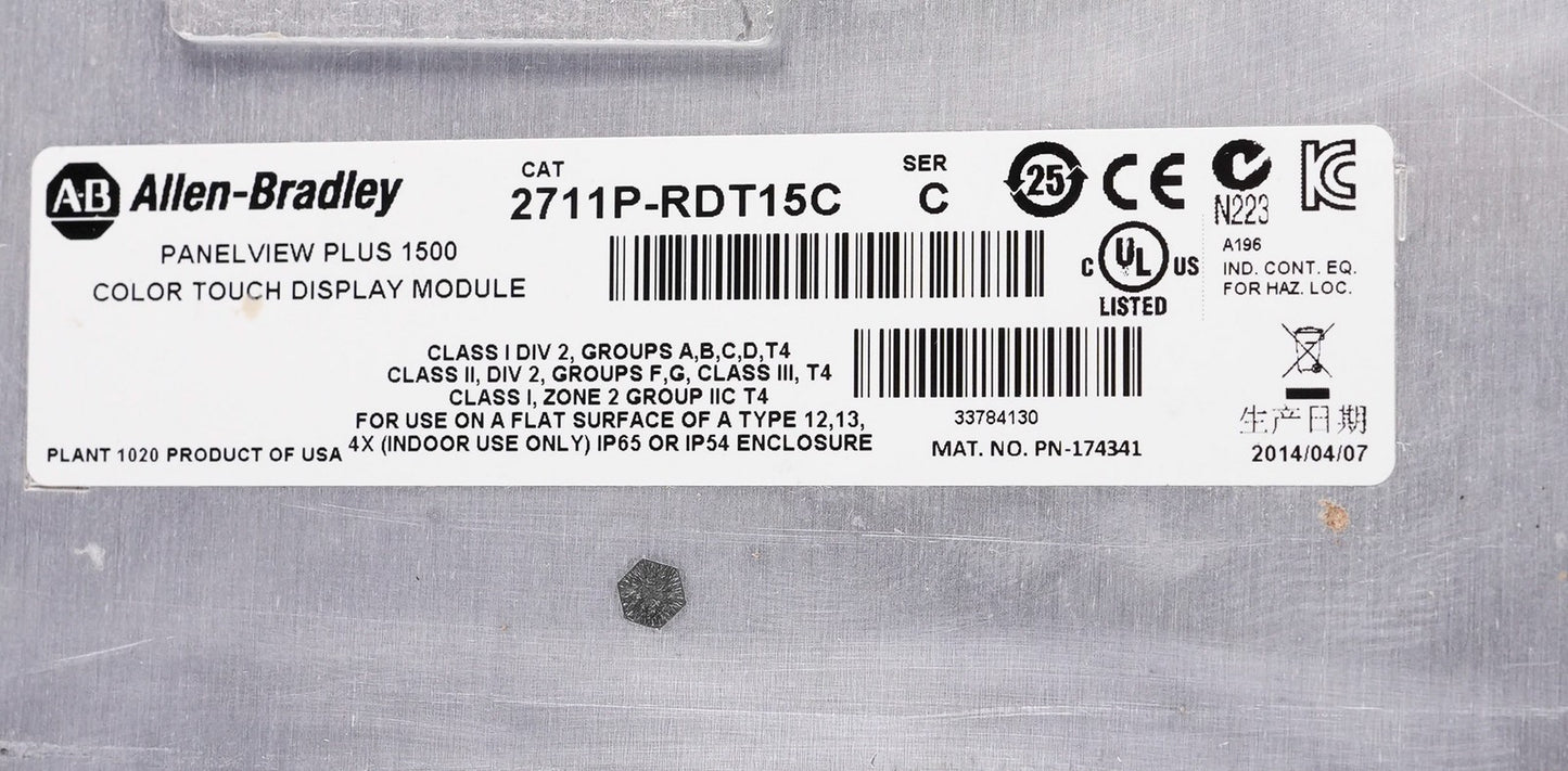 Allen Bradley 2711P-RDT15C /C PanelView Plus 1500 15" Color Display 2711PRDT15C