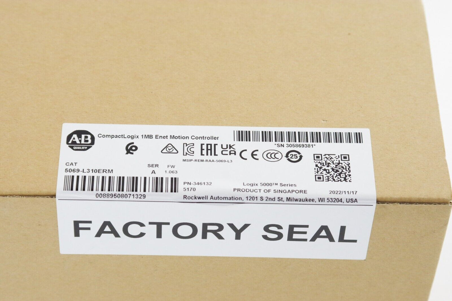 2022 Allen Bradley 5069-L310ERM /A CompactLogix 5380 Controller - Sealed Surplus