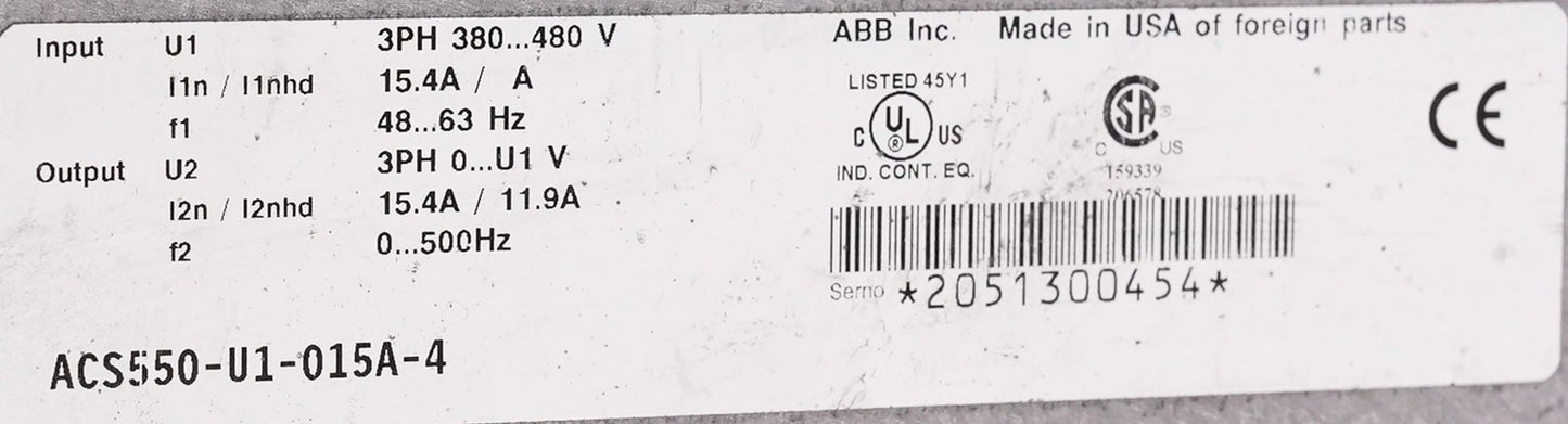 ABB ACS550-U1-015A-4 AC Drive 480V 15.4A 3-Phase ACS550U1015A4