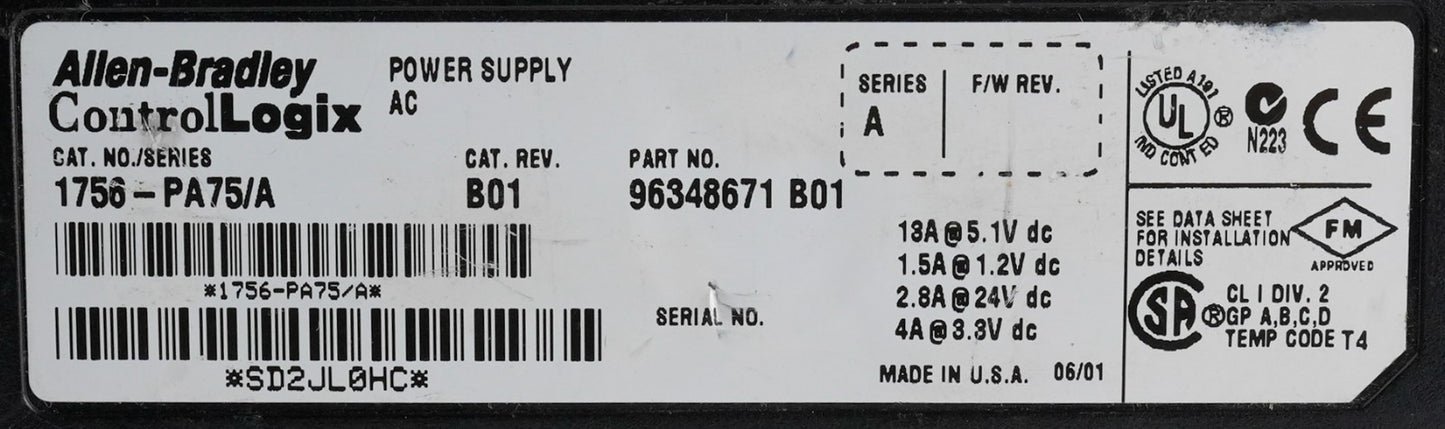 Allen Bradley 1756-PA75/A CAT. REV. B01 ControlLogix AC Power Supply 1756PA75/A