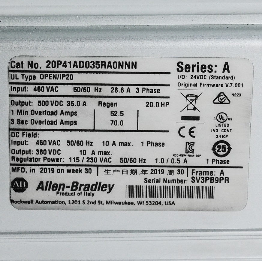 Allen Bradley 20P41AD035RA0NNN /A PowerFlex 460VAC 3-Phase DC Drive 20HP