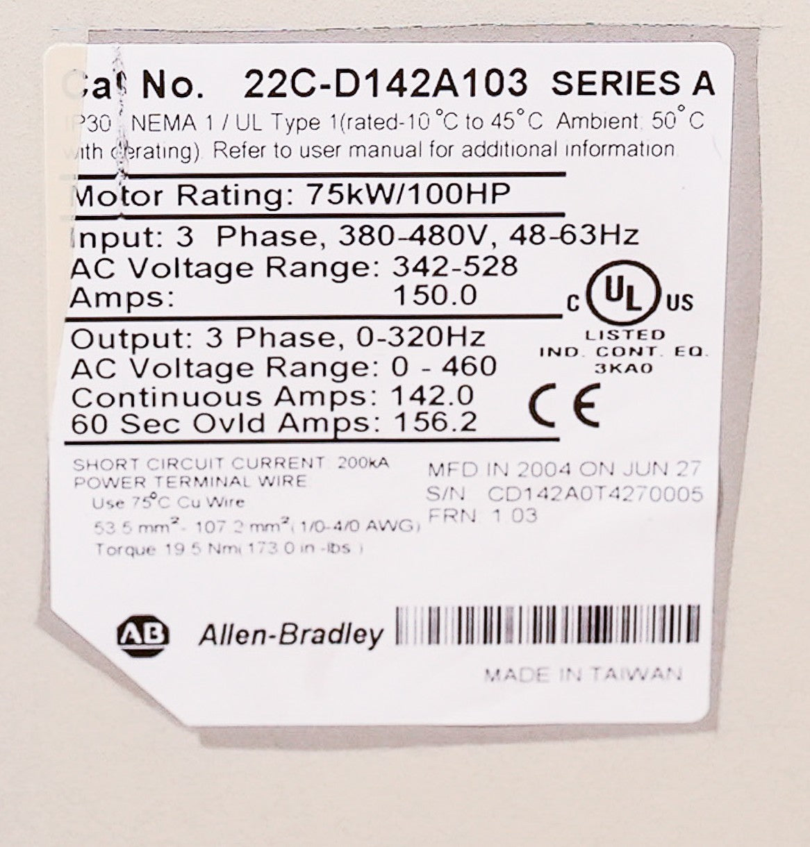 Allen Bradley 22C-D142A103 /A PowerFlex 400 AC Drive 480V 75kW 100HP + 1 Yr WTY