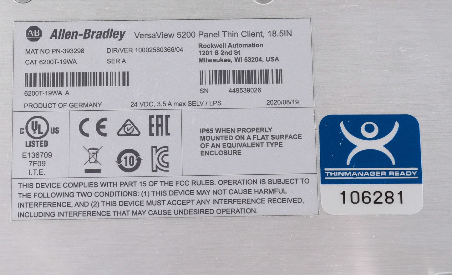 Allen Bradley 6200T-19WA /A VersaView 5200 Panel Thin Client 18.5" 6200T19WA
